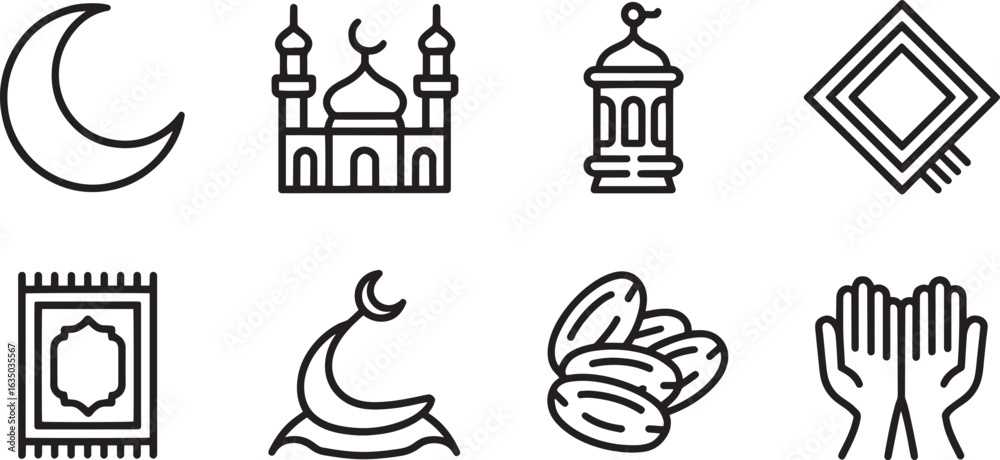 Fototapeta premium Ramadan Kareem Icons Set Outline Style Crescent Moon Mosque Lantern Prayer Rug Dates Hands Isolated