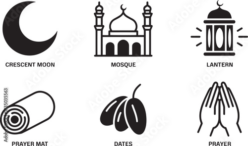 Ramadan Kareem Icons Set Featuring Crescent Moon, Mosque, Lantern, Prayer Mat, Dates, and Prayer Vector