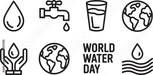 Water Resources Icons Set Drop, Faucet, Glass, Globe, Hands, World Water Day, Globe, Water Waves on Transparent
