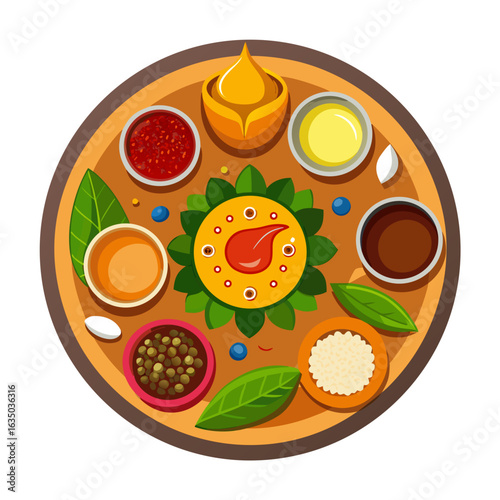 Top View Vector of Dhanteras Pooja Thali with Kalash, Diya, Coins and Kumkum