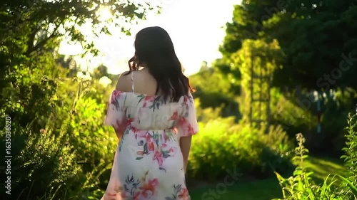 Woman in floral dress smiles, garden sunset