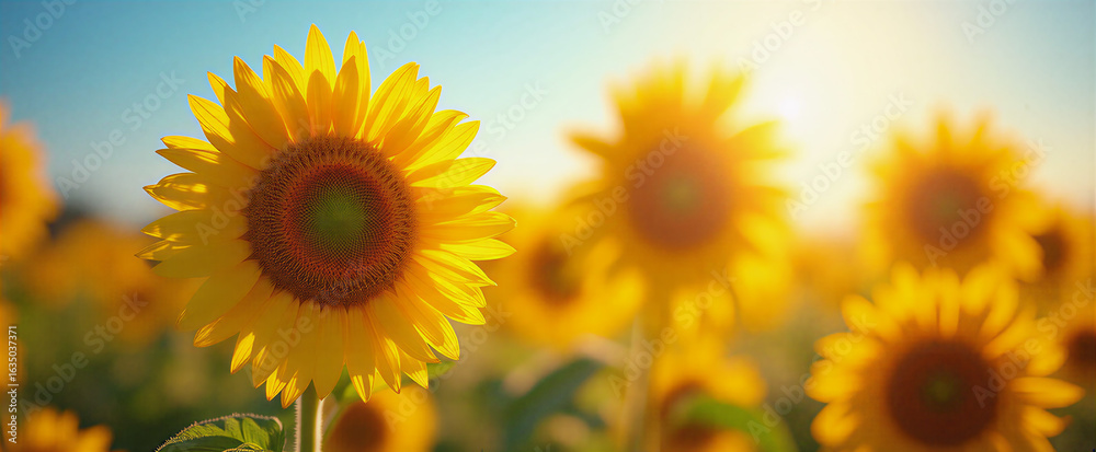 Fototapeta premium Summer warmth: radiant blooming sunflowers against a clear blue sky with golden hour lighting, macro lens capturing intricate petal textures and dew droplets, shallow depth of field emphasizing the vi