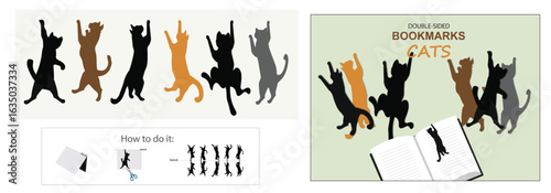 Cats silhouette double-sided (or single-sided by wish) bookmark isolated set to print and cut out. Also picture for a wrapping gift envelope with ready-made bookmarks and instruction on how to do it.