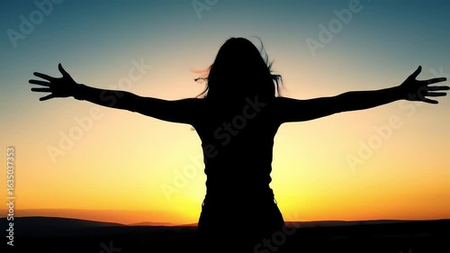 Sunset silhouette woman desert freedom peace