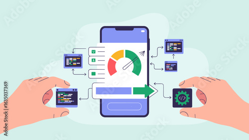 developer's hands optimizing app with performance gauge vector illustration