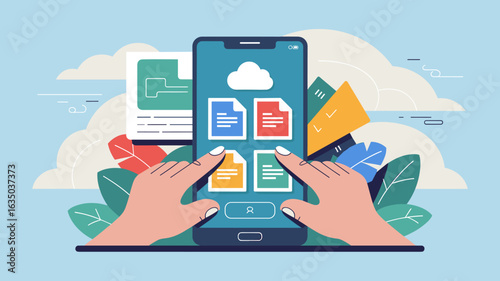 user's hands accessing documents on smartphone via cloud vector illustration, mobile document management, cloud storage access and digital file organization
