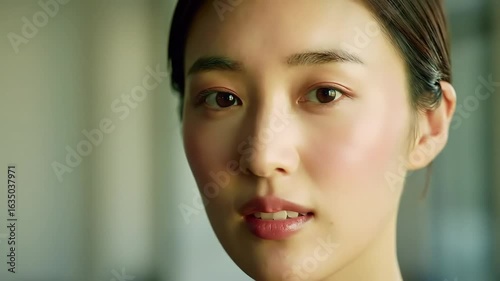 Woman's face, close-up, indoor, blurred background, beauty