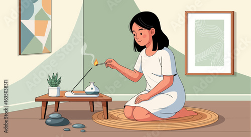 Woman Lighting Incense Stick For Spiritual Practice At Home
