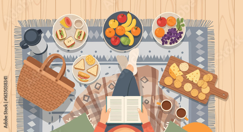 Leisurely Picnic And Reading Top View Illustration With Fruit Spread
