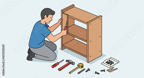 Man Assembling Flat Pack Furniture At Home With Tools