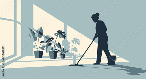 Silhouette Of A Woman Mopping A Sunny Room With Potted Plants
