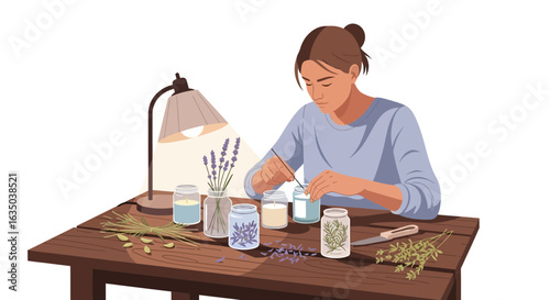 Woman Crafting Scented Candles with Natural Herbs at Wooden Table
