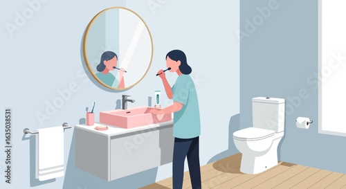 Woman Brushing Her Teeth In A Minimalist Bathroom In The Morning
