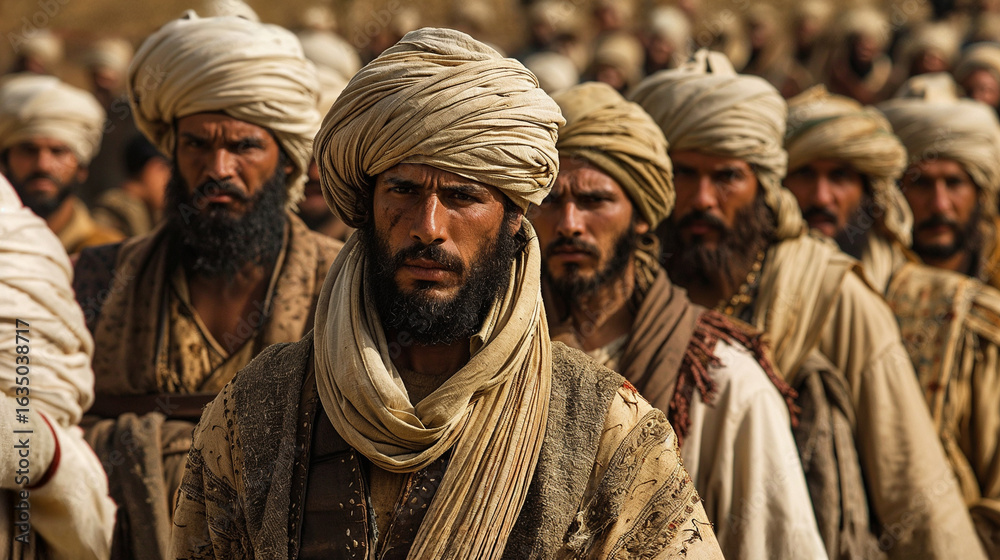 Naklejka premium Medieval Islamic warriors in traditional turbans and robes standing in formation, creating a powerful scene of ancient Middle Eastern military forces during historical times.