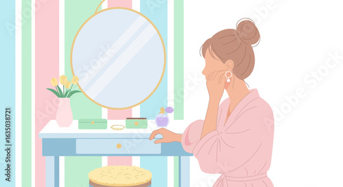 Elegant Woman Adorning Herself With Jewelry At Her Vanity Table