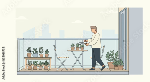 Balcony Garden Care With Man Pruning Plants On Balcony