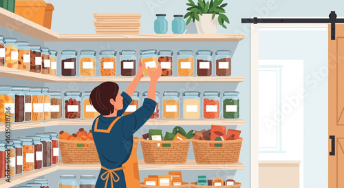 Organized Pantry With Woman Arranging Jars On Shelves For Home Food
