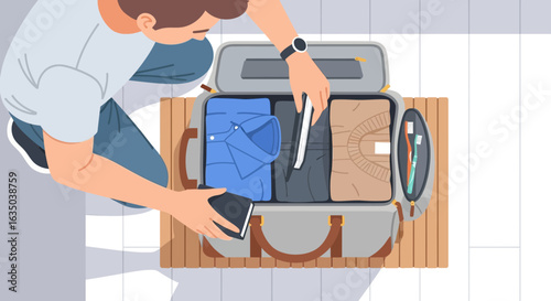 Man Packing Suitcase with Clothes for Business Trip or Vacation