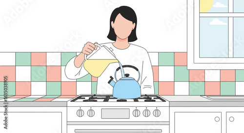 Woman Preparing Beverage In The Kitchen With Kettle On Stove