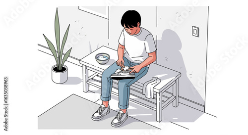 Young Man Cleaning Sneakers At Home For Personal Care