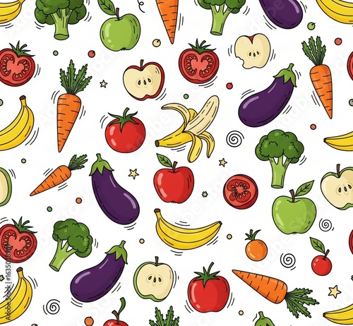 A cute, seamless pattern of cartoon fruits and vegetables, including bananas, apples, carrots, and broccoli, on a white background
