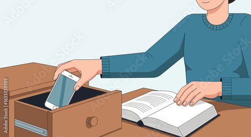 Illustration Of A Person Putting Phone Away To Focus On Reading Book