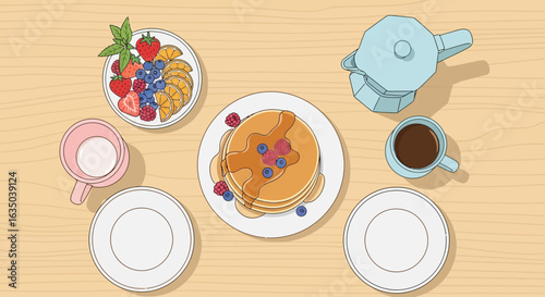Pancakes With Fresh Fruits And Coffee On Wooden Table For Two