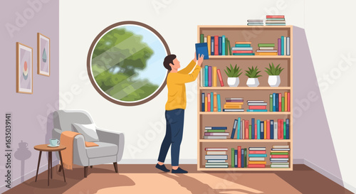 Man Arranging Books In A Cozy Reading Room With Natural Light