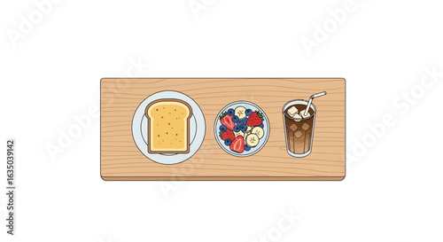 Healthy Morning Breakfast On Wooden Tray Illustration Overhead View
