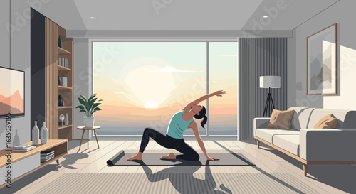 Woman Practicing Yoga Pose in Minimalist Living Room at Sunrise