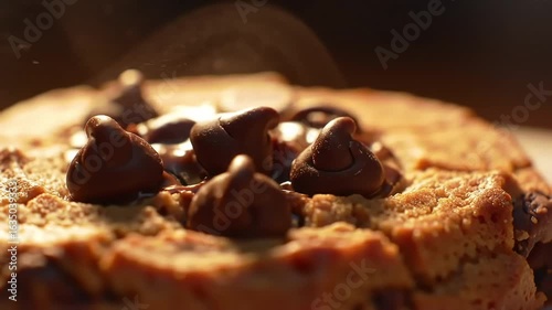 Warm chocolate chip cookie closeup, steam rising, blurred background, food blog