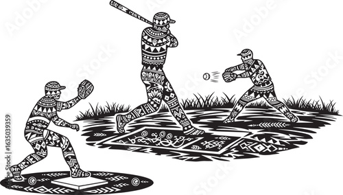 Vector art of baseball players in action during a game, batter swinging at a pitch, catcher ready, isolated on white background