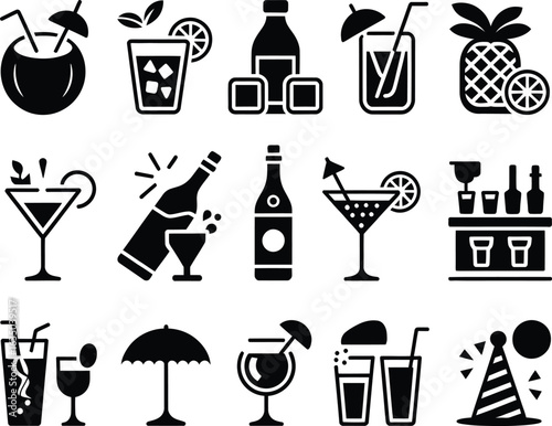 Black and White Cocktail Party Illustration with Festive Drinks and Party Decorations Vector Graphic