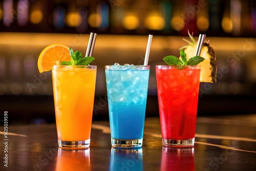 Wallpaper Mural Three vibrant tall cocktails with fruit garnish and straws on a bar counter Torontodigital.ca