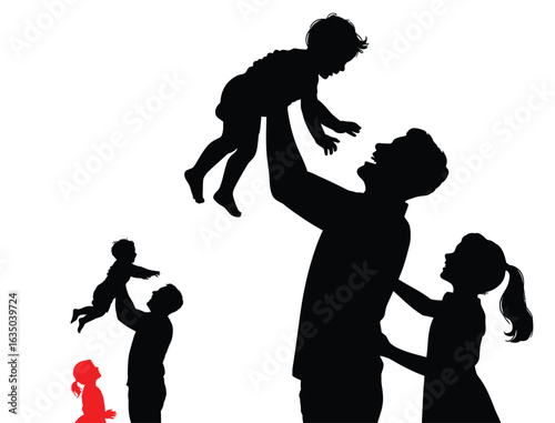 silhouette of father and mother playing lifting their son in the air, concept of family joy