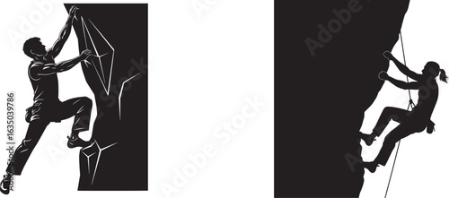 Vector art of silhouette of a man and a woman rock climbing, isolated on white background