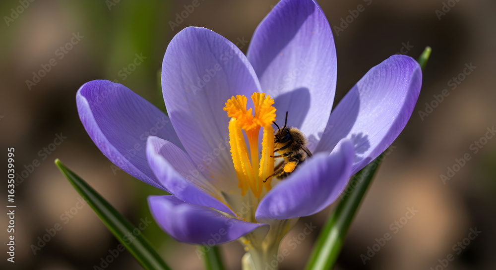Fototapeta premium With Insects Macro shot of a blue Crocus with a tiny bee collecting pollen, shallow depth of field Natural