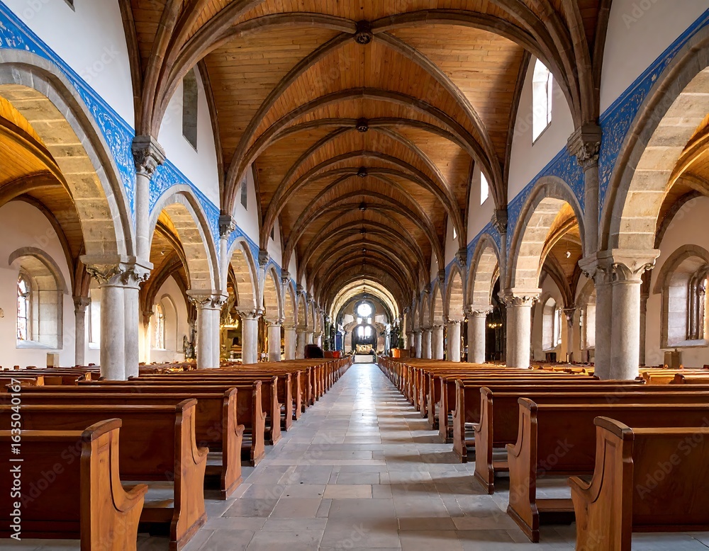 Fototapeta premium Grand church interior, light-filled nave