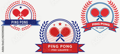 Ping Pong Pro League logos featuring crossed paddles and laurels for competitive table tennis branding. Ping Pong Pro League Badge Collection – Table Tennis Emblems with Laurel Wreath and Ribbon