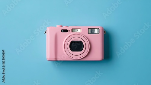 Retro pink digital camera on a bright blue background