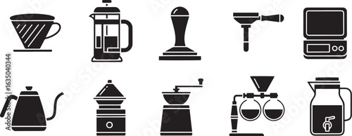 Vector art of set of coffee making tools and accessories isolated on white background