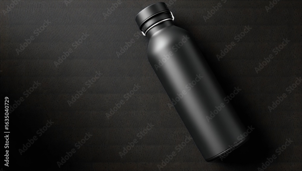 Fototapeta premium Matte black insulated water bottle rests on a dark surface, angled slightly to the right, cap showing a metallic ring