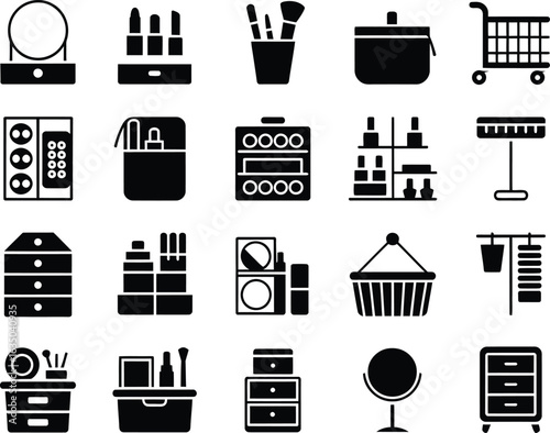 Black and white silhouettes of cosmetics and beauty products showcasing a variety of shopping and storage options in a modern style