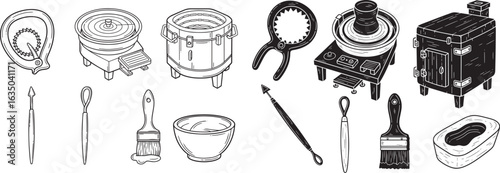 Vector art of collection of pottery making tools and equipment including wheels, brushes, and kiln isolated on white background