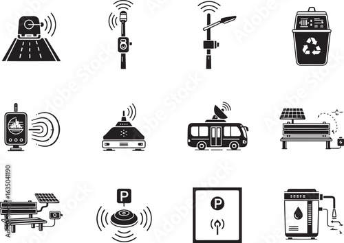 Vector art of collection of smart city technology icons isolated on white background