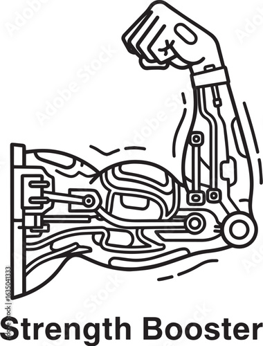 Vector art of line art illustration of a mechanical arm with visible internal components, symbolizing strength enhancement and technological augmentation