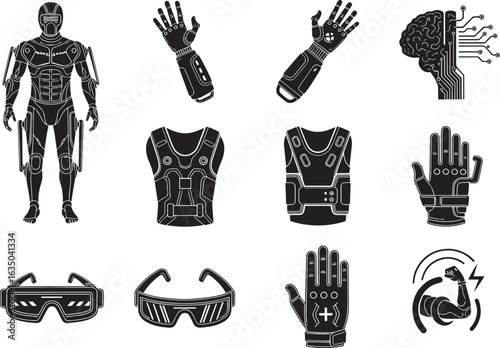 Vector art of collection of icons depicting futuristic technology a full exoskeleton suit, robotic hands, protective vest, vr glasses, and a cybernetic brain
