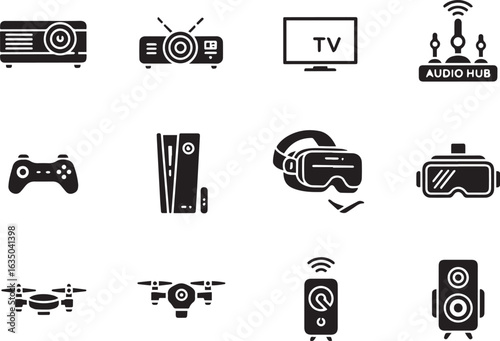 Vector art of set of modern technology and entertainment gadgets like vr headset, drone, projector, and gaming console