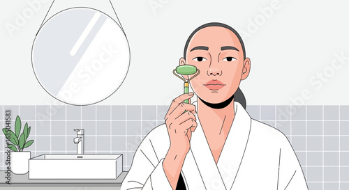 Woman Doing Face Massage With Jade Roller In The Bathroom