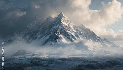 Wallpaper Mural Majestic mountain range with snow-covered peaks piercing dramatic cloudy sky. Misty fog blankets rugged terrain below, creating sense of immense scale, cold wilderness. Sunlight breaks through, Torontodigital.ca
